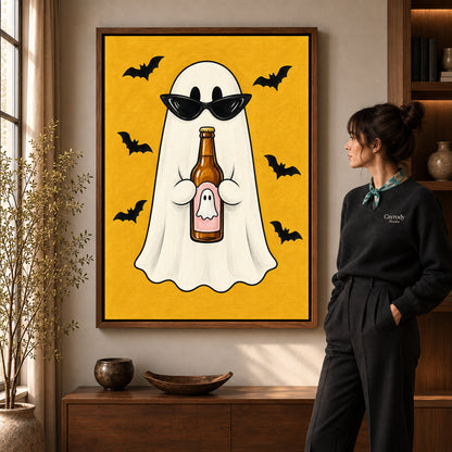 Walnut framed party ghost canvas art shown beside a standing woman and a wooden console.