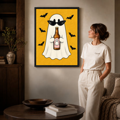Black framed party ghost canvas art displayed beside a woman in a warm living room.