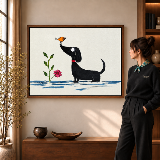 Whimsical dachshund canvas wall art in a walnut frame beside a woman near a window.