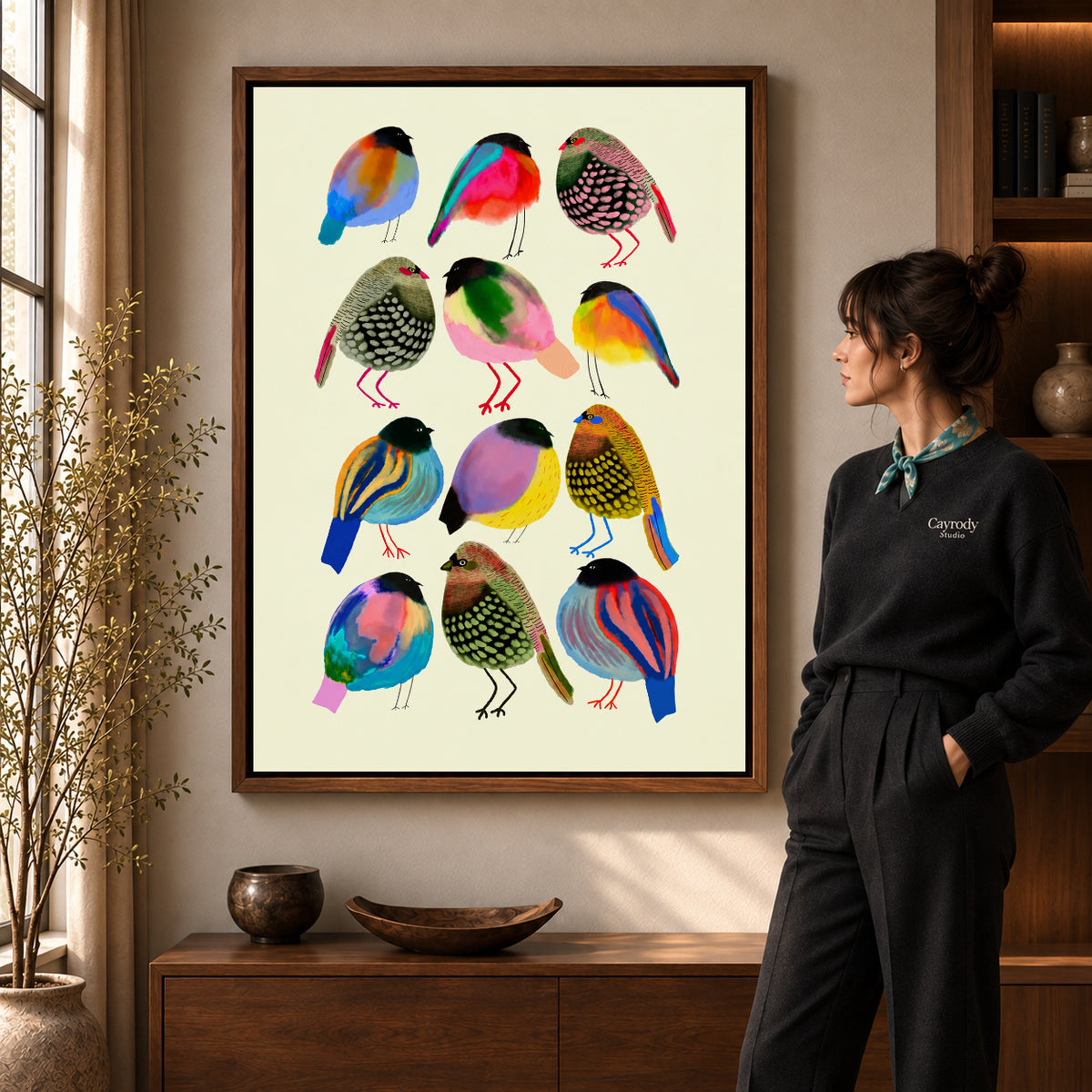 Colorful birds canvas art displayed in a walnut frame against a warm wall near a wooden console.