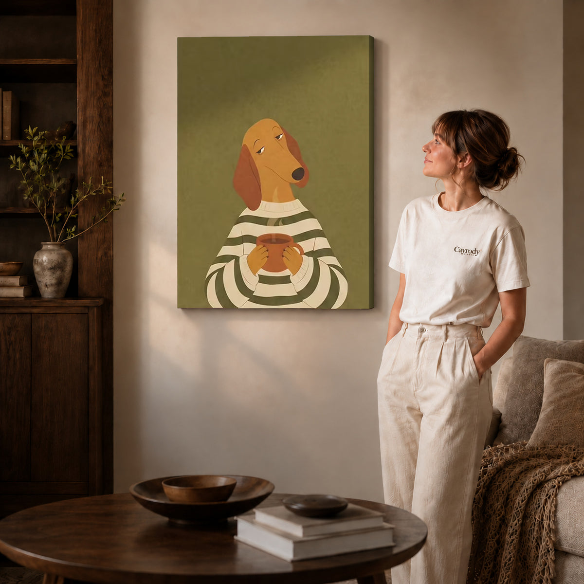 Coffee dog canvas art on gallery wrapped canvas with a visible shaded side edge beside a woman.