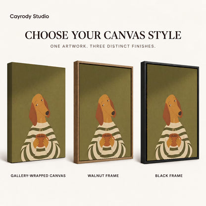 Coffee dog canvas art comparing gallery wrapped canvas, walnut frame, and black frame finishes side by side.
