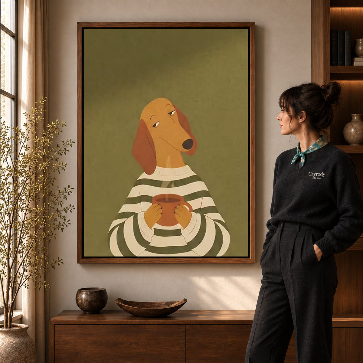 Coffee dog canvas art displayed in a walnut frame against a warm wall near a wooden console.