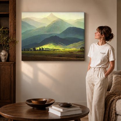 Mountain valley canvas art on gallery wrapped canvas with a visible shaded side edge beside a woman.