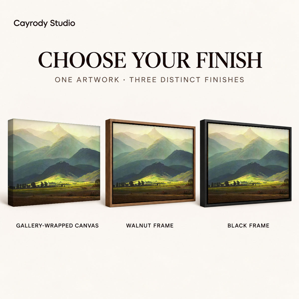 Mountain valley canvas art comparing gallery wrapped canvas, walnut frame, and black frame finishes side by side.