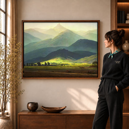 Mountain valley canvas art displayed in a walnut frame against a warm wall near a wooden console.