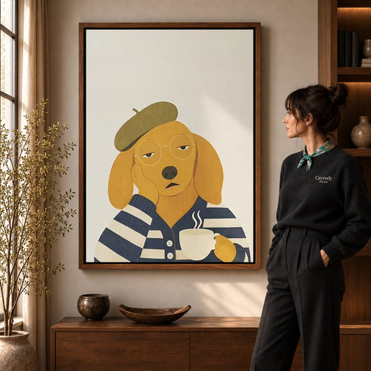 Beret dog canvas art in a walnut frame beside a woman in a warmly lit living room.