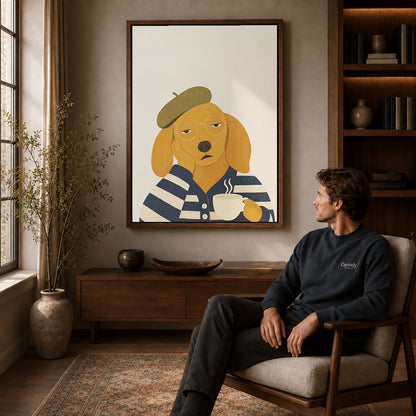 Beret dog canvas art above a wooden console near a seated man and leafy branches.