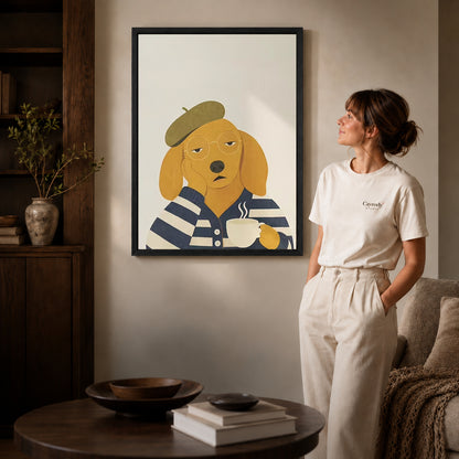Beret dog canvas art in a black frame above stacked books in a cozy living room.