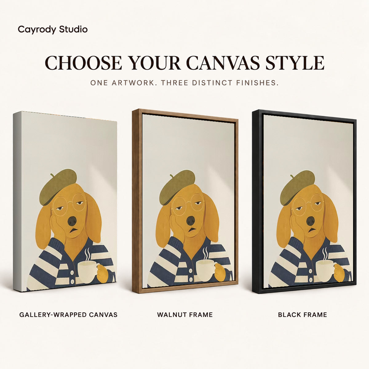 Beret dog canvas art comparing gallery wrapped canvas, walnut frame, and black frame finishes side by side.