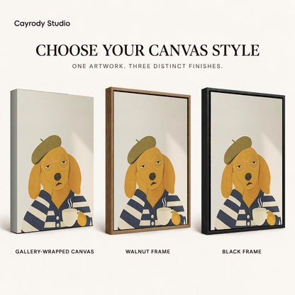 Beret dog canvas art comparing gallery wrapped canvas, walnut frame, and black frame finishes side by side.
