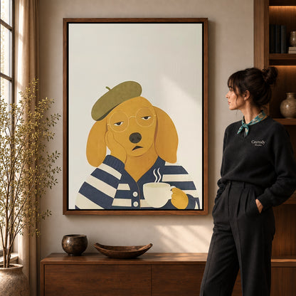 Beret dog canvas art displayed in a walnut frame against a warm wall near a wooden console.