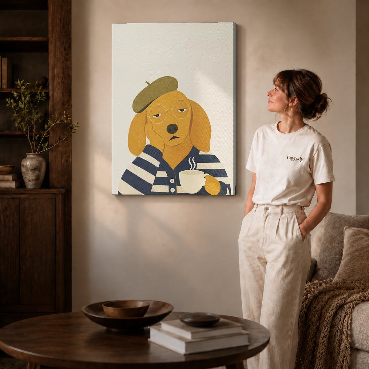 Beret dog canvas art on unframed wrapped canvas, showing natural edge depth against the living room wall.