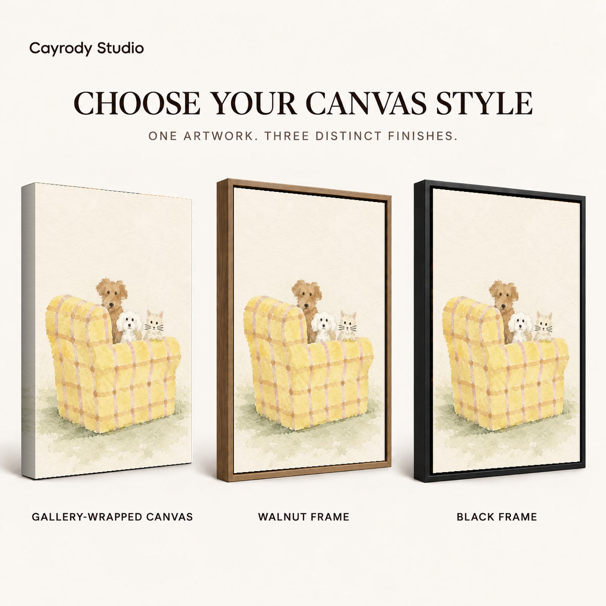 Pet sofa canvas art comparing gallery wrapped canvas, walnut frame, and black frame finishes side by side.