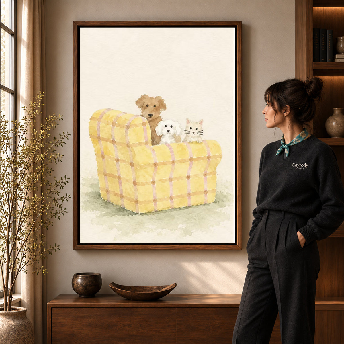 Pet sofa canvas art displayed in a walnut frame against a warm wall near a wooden console.