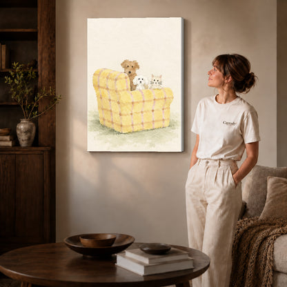 Pet sofa canvas art on unframed wrapped canvas, showing natural edge depth against the living room wall.