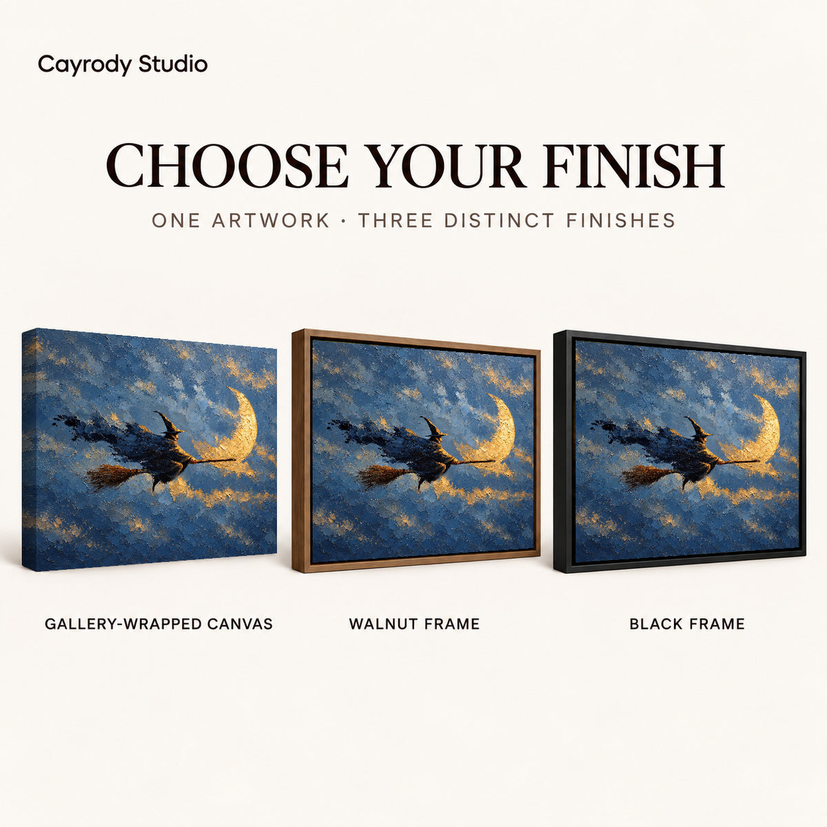 Moonlit witch canvas art comparing gallery wrapped canvas, walnut frame, and black frame finishes side by side.