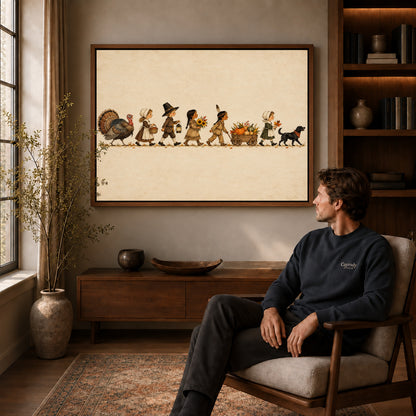 Harvest parade canvas art above a wooden console near a seated man and leafy branches.
