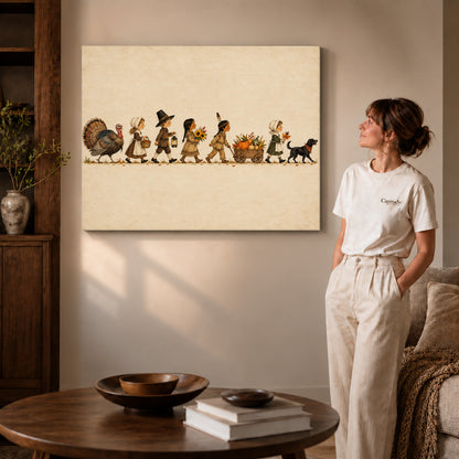 Harvest parade canvas art on gallery wrapped canvas with a visible shaded side edge beside a woman.