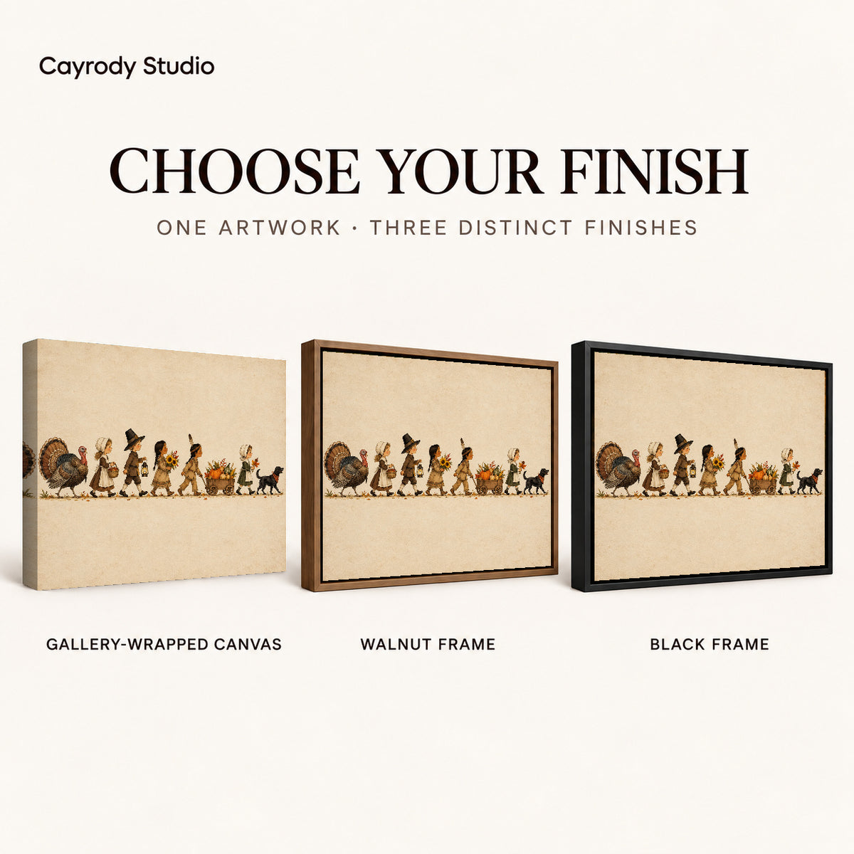 Harvest parade canvas art comparing gallery wrapped canvas, walnut frame, and black frame finishes side by side.