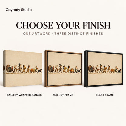 Harvest parade canvas art comparing gallery wrapped canvas, walnut frame, and black frame finishes side by side.