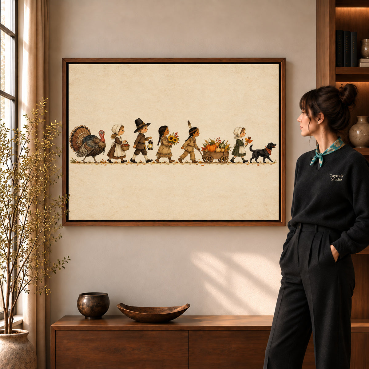 Harvest parade canvas art displayed in a walnut frame against a warm wall near a wooden console.