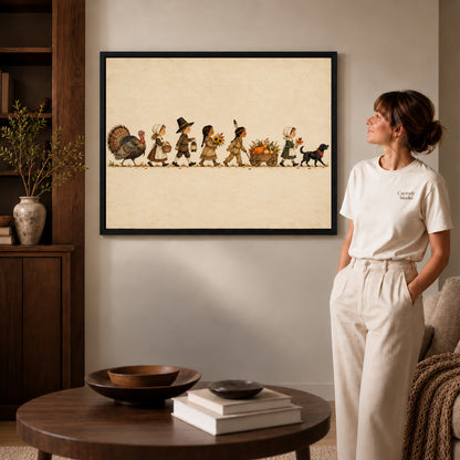 Harvest parade canvas art displayed in a black frame beside a woman, with soft room lighting.