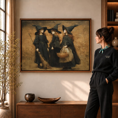 Three witches canvas art in a walnut frame beside a woman in a warmly lit living room.