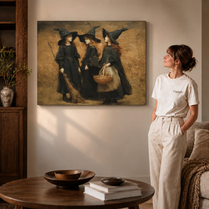 Three witches canvas art on unframed wrapped canvas, showing natural edge depth against the living room wall.