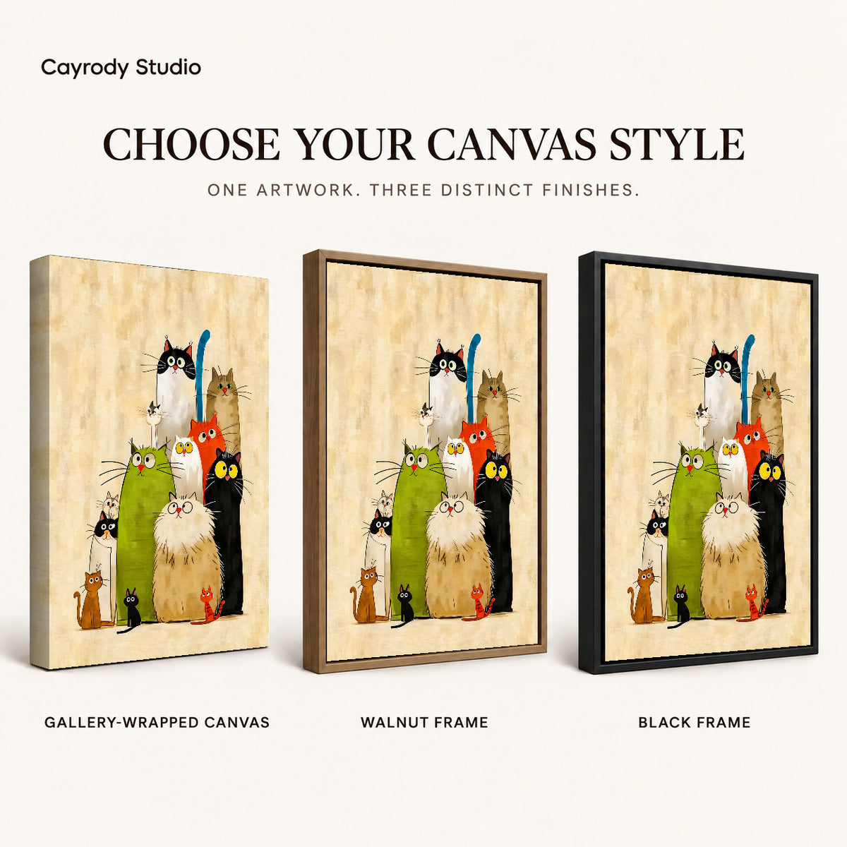 Colorful Cats canvas art comparing gallery wrapped canvas, walnut frame, and black frame finishes.