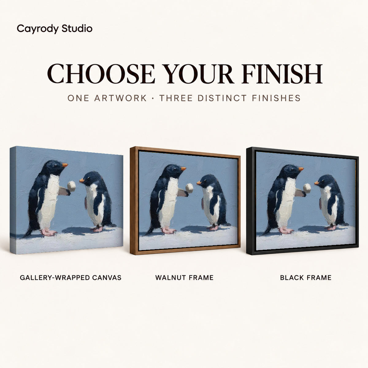Penguin pair canvas art comparing gallery wrapped canvas, walnut frame, and black frame finishes side by side.