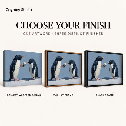 Penguin pair canvas art comparing gallery wrapped canvas, walnut frame, and black frame finishes side by side.