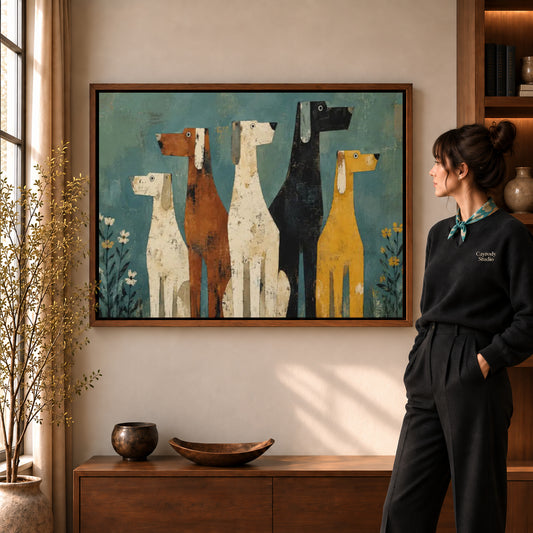 Five dogs canvas art in a walnut frame beside a woman in a warmly lit living room.