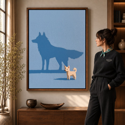 Puppy shadow canvas art in a walnut frame beside a woman in a warmly lit living room.