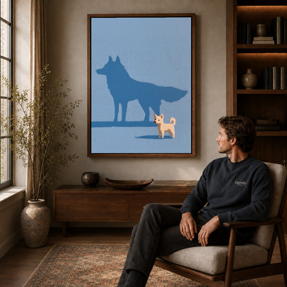 Puppy shadow canvas art above a wooden console near a seated man and leafy branches.