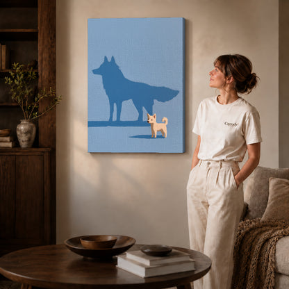 Puppy shadow canvas art on gallery wrapped canvas with a visible shaded side edge beside a woman.