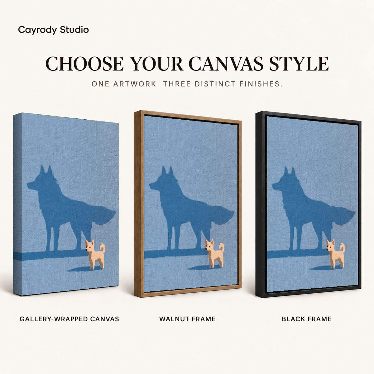 Puppy shadow canvas art comparing gallery wrapped canvas, walnut frame, and black frame finishes side by side.