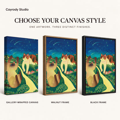 Starry cats canvas art comparing gallery wrapped canvas, walnut frame, and black frame finishes side by side.