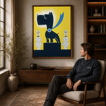 Black terrier canvas art above a wooden console near a seated man and leafy branches.