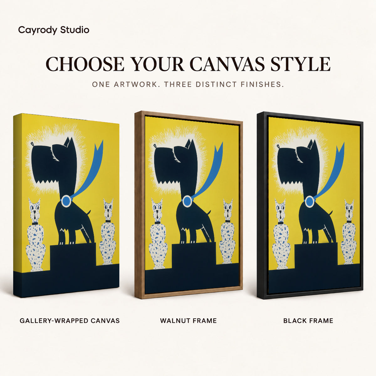 Black terrier canvas art comparing gallery wrapped canvas, walnut frame, and black frame finishes side by side.