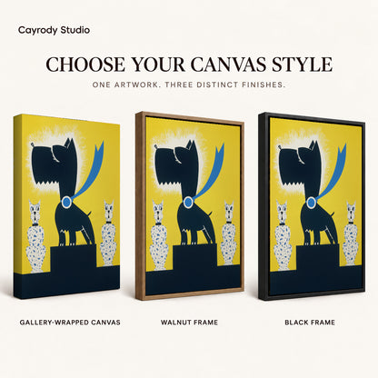 Black terrier canvas art comparing gallery wrapped canvas, walnut frame, and black frame finishes side by side.
