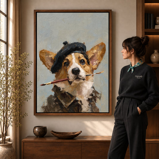 Artist corgi canvas art in a walnut frame beside a woman in a warmly lit living room.