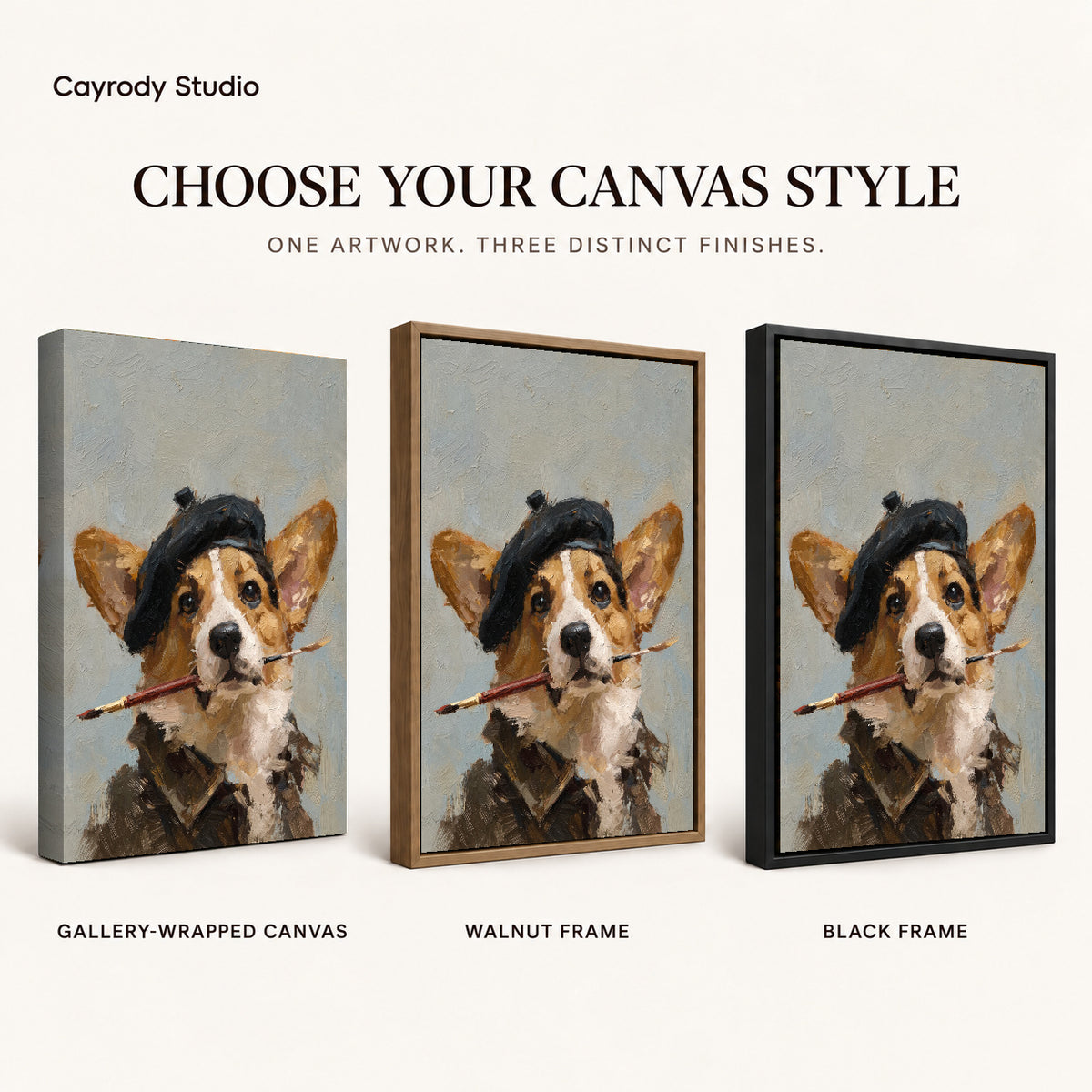 Artist corgi canvas art comparing gallery wrapped canvas, walnut frame, and black frame finishes side by side.