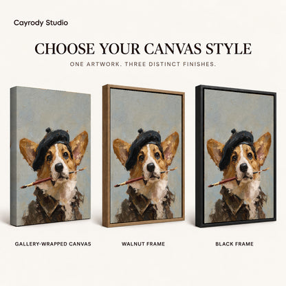 Artist corgi canvas art comparing gallery wrapped canvas, walnut frame, and black frame finishes side by side.
