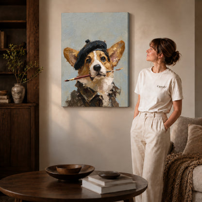 Artist corgi canvas art on unframed wrapped canvas, showing natural edge depth against the living room wall.