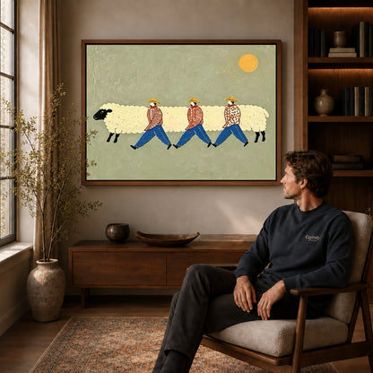 Sheep parade canvas art above a wooden console near a seated man and leafy branches.