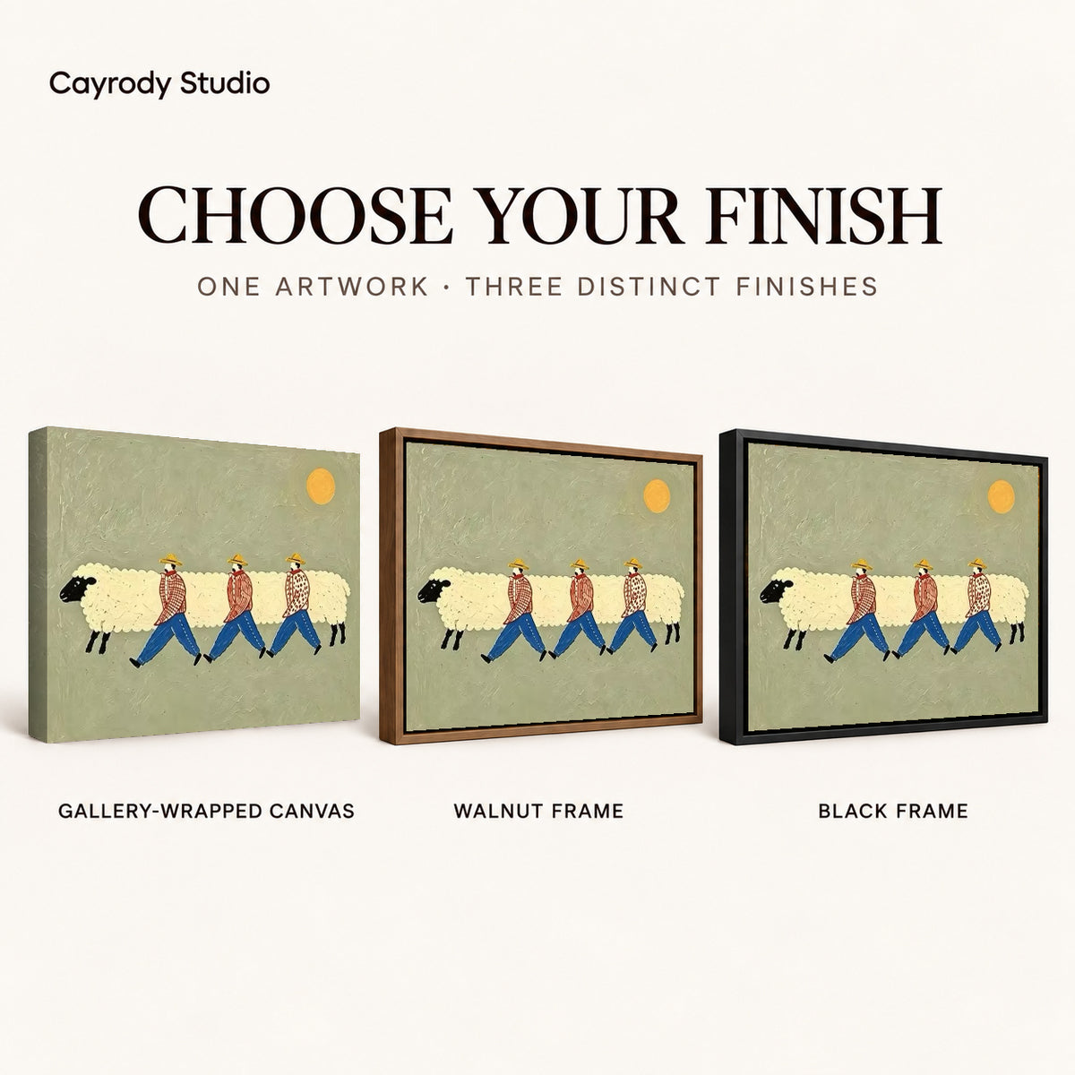 Sheep parade canvas art comparing gallery wrapped canvas, walnut frame, and black frame finishes side by side.