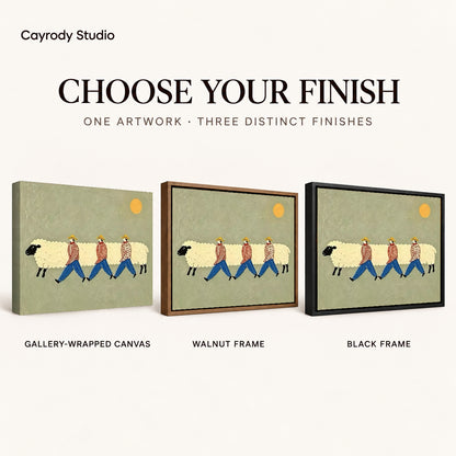 Sheep parade canvas art comparing gallery wrapped canvas, walnut frame, and black frame finishes side by side.