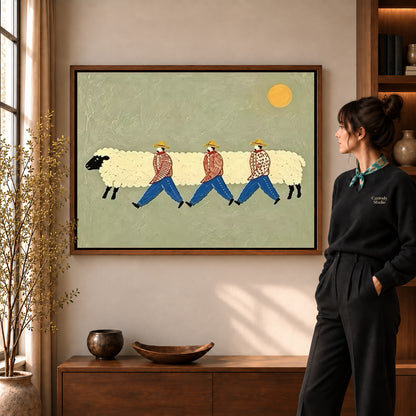 Sheep parade canvas art displayed in a walnut frame against a warm wall near a wooden console.