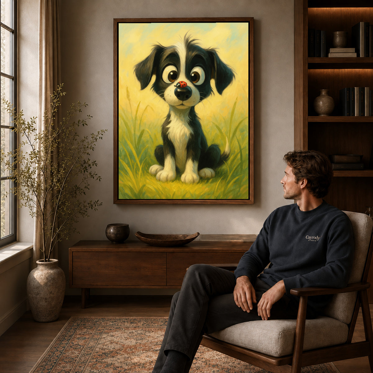 Puppy meadow canvas art above a wooden console near a seated man and leafy branches.